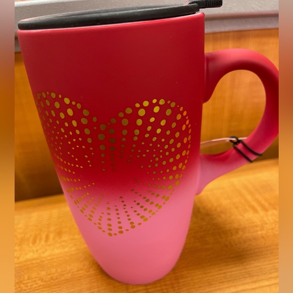 Valentine Ombré Pink & Red w/Gold Heart Matte Travel Coffee Mug w/Lid NWT - Picture 2 of 4